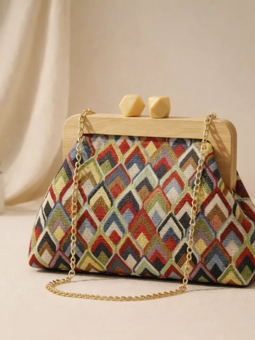 Vintage Wood Frame Clutch Handbag